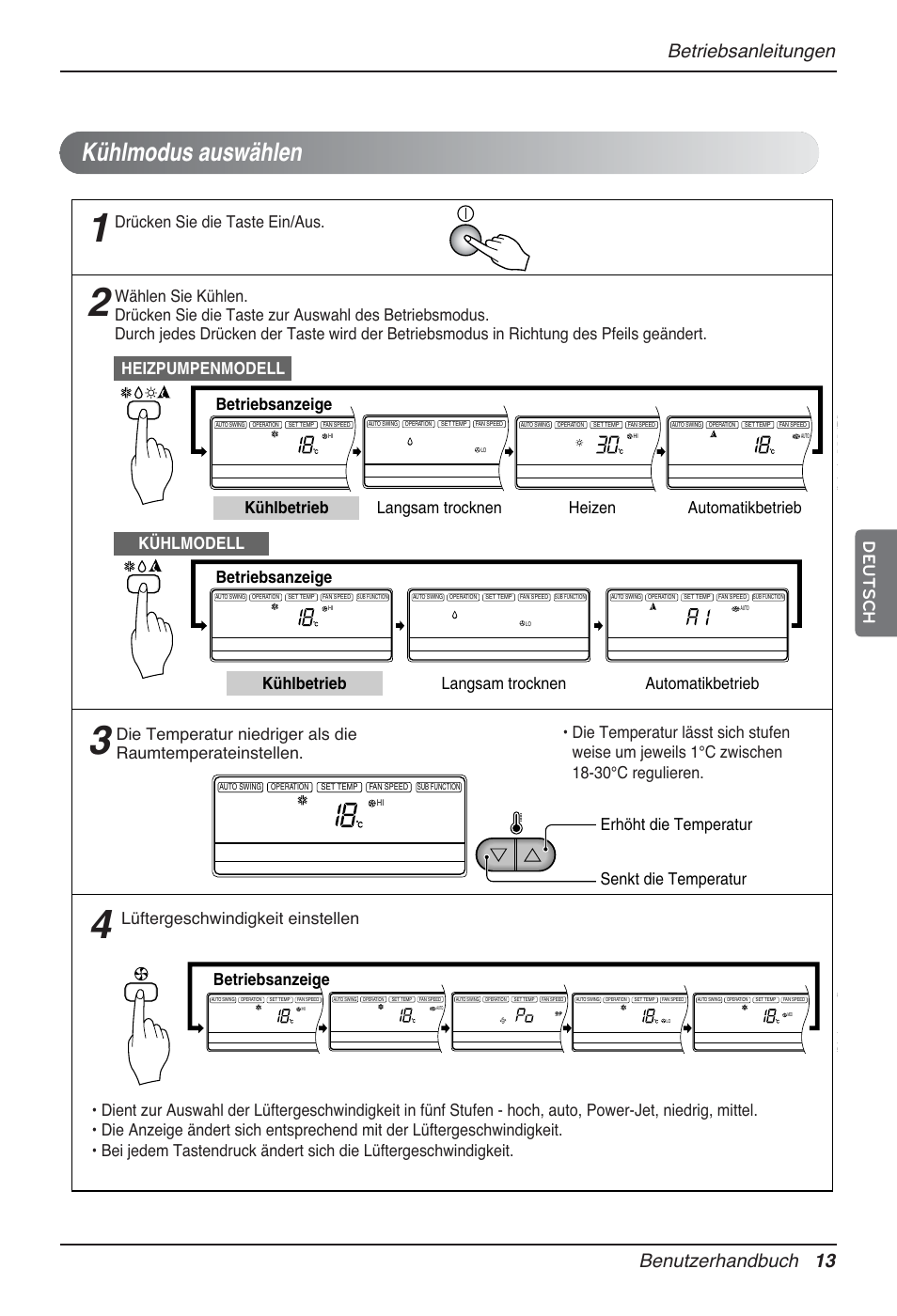 Kühlmodus auswählen, Betriebsanleitungen benutzerhandbuch 13, Deutsch | Drücken sie die taste ein/aus, Lüftergeschwindigkeit einstellen | LG MT12AH User Manual | Page 129 / 480