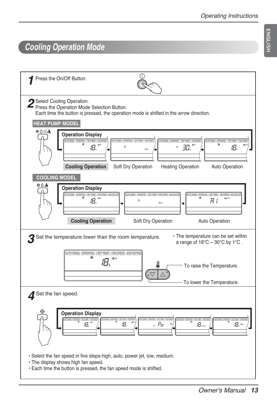 Cooling operation mode, Owner's manual 13, Operating instructions | English, Operation display, Cooling model cooling operation soft dry operation, Auto operation, Press the on/off button, Set the fan speed | LG MT12AH User Manual | Page 13 / 480