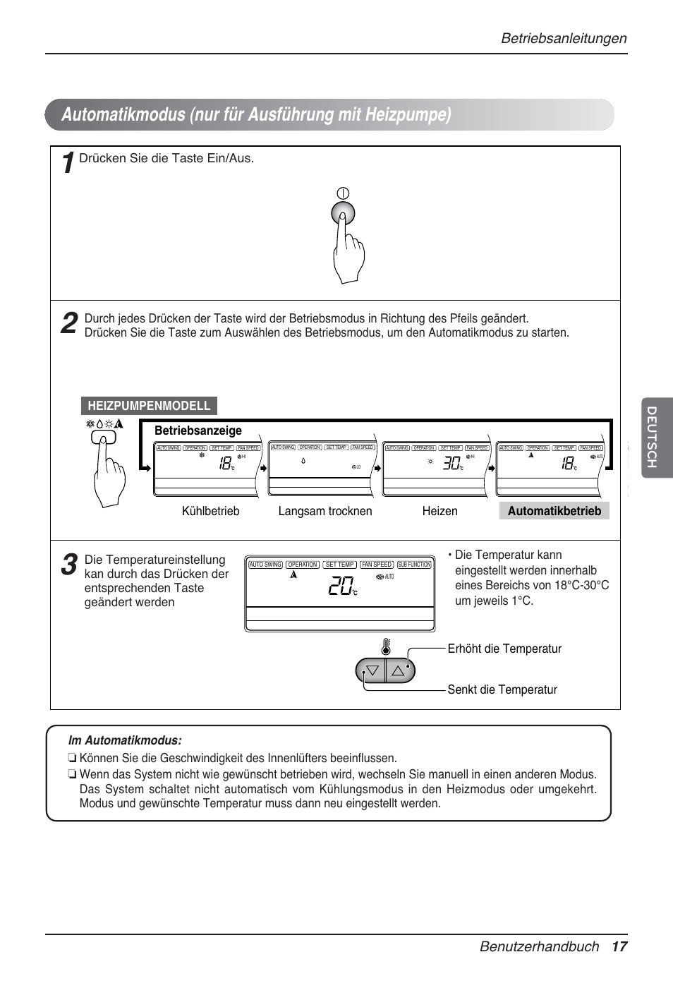 Automatikmodus (nur für ausführung mit heizpumpe), Betriebsanleitungen benutzerhandbuch 17, Deutsch | Drücken sie die taste ein/aus | LG MT12AH User Manual | Page 133 / 480