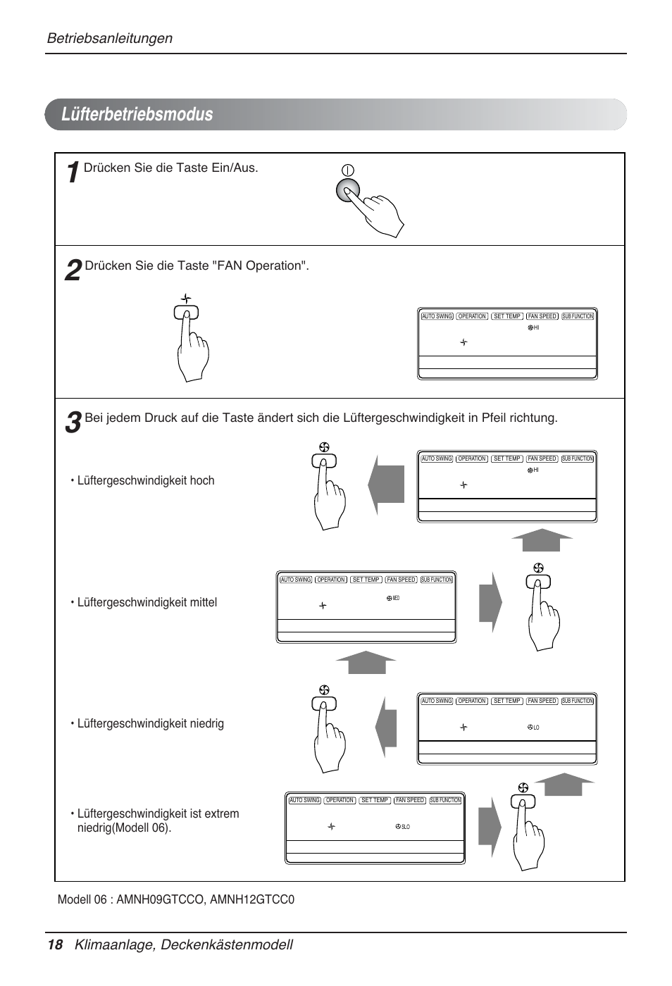 Lüfterbetriebsmodus, Drücken sie die taste ein/aus, Drücken sie die taste "fan operation | LG MT12AH User Manual | Page 134 / 480