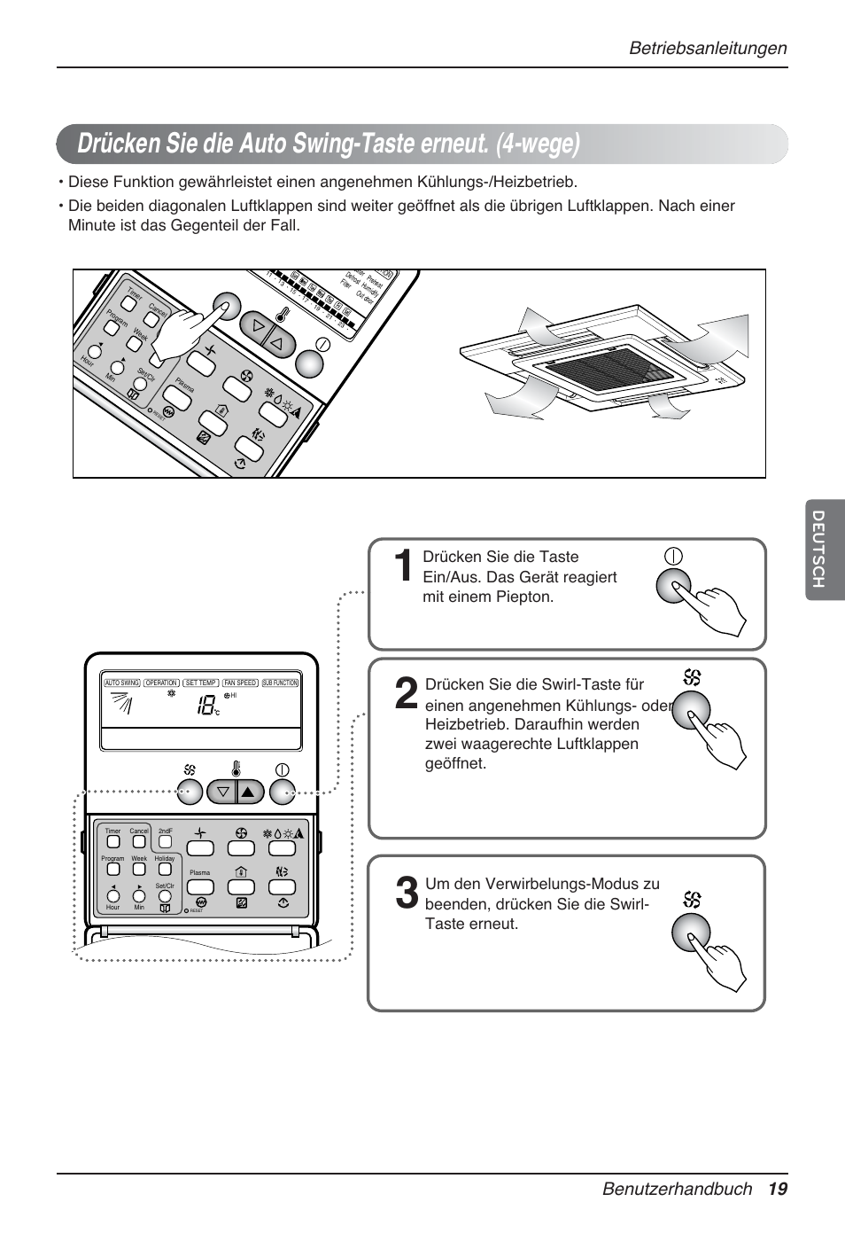 Drücken sie die auto swing-taste erneut. (4-wege), Betriebsanleitungen benutzerhandbuch 19, Deutsch | LG MT12AH User Manual | Page 135 / 480