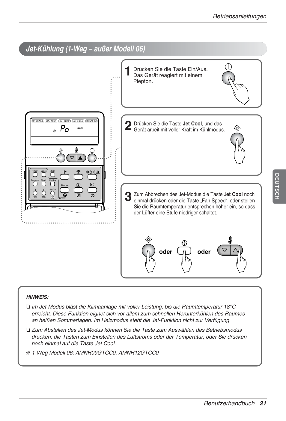 Jet-kühlung (1-weg – außer modell 06), Oder, Betriebsanleitungen benutzerhandbuch 21 | Deutsch | LG MT12AH User Manual | Page 137 / 480