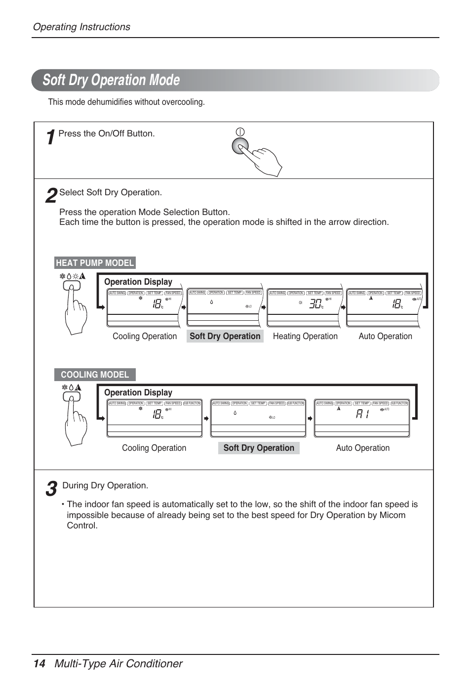 Soft dry operation mode, 14 multi-type air conditioner, Operating instructions | Operation display | LG MT12AH User Manual | Page 14 / 480