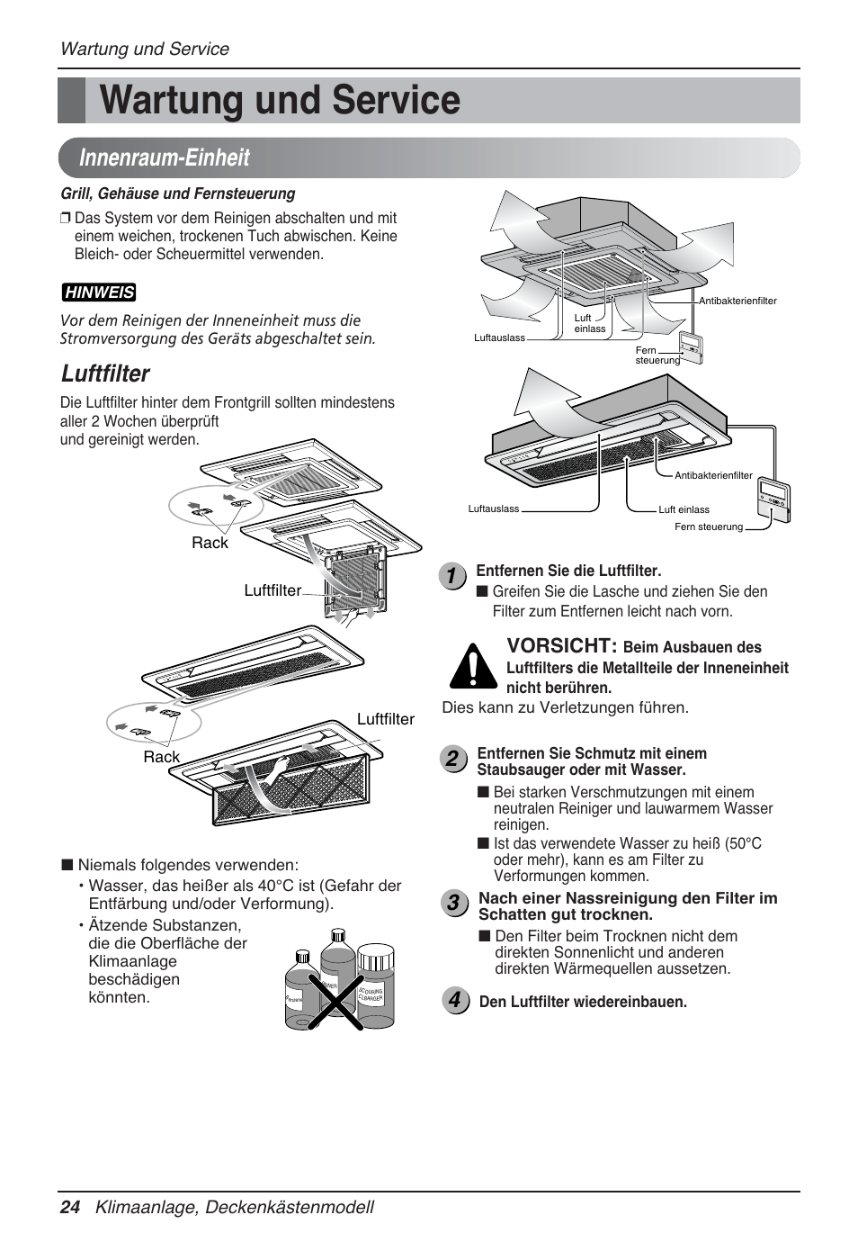 Wartung und service, Innenraum-einheit, Luftfilter | Vorsicht | LG MT12AH User Manual | Page 140 / 480