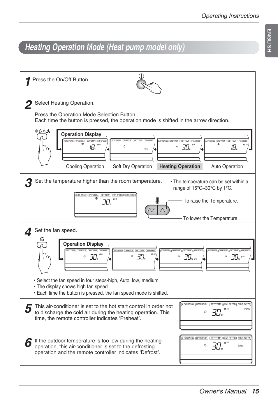 Heating operation mode (heat pump model only), Owner's manual 15, Operating instructions | English, Operation display, Set the fan speed | LG MT12AH User Manual | Page 15 / 480