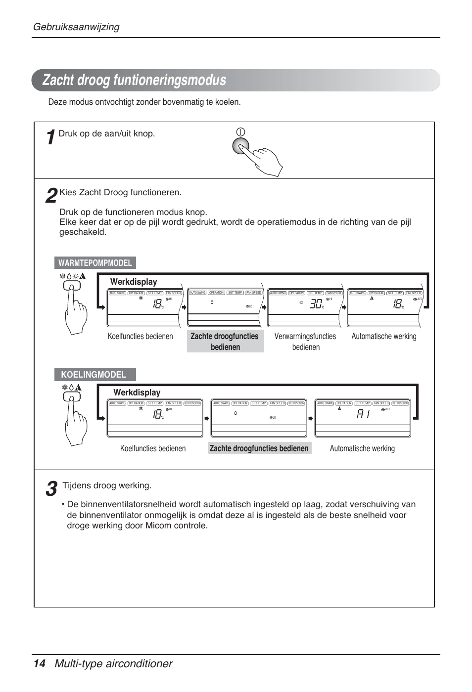 Zacht droog funtioneringsmodus, 14 multi-type airconditioner, Gebruiksaanwijzing | LG MT12AH User Manual | Page 158 / 480