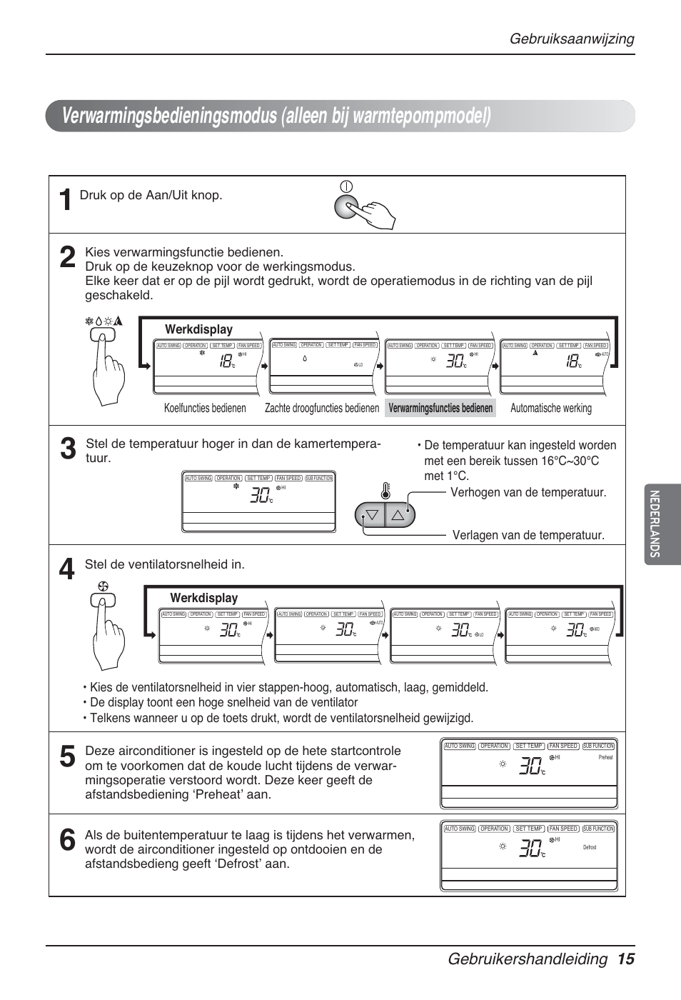 Gebruikershandleiding 15, Gebruiksaanwijzing, Nederlands | Werkdisplay, Stel de ventilatorsnelheid in | LG MT12AH User Manual | Page 159 / 480