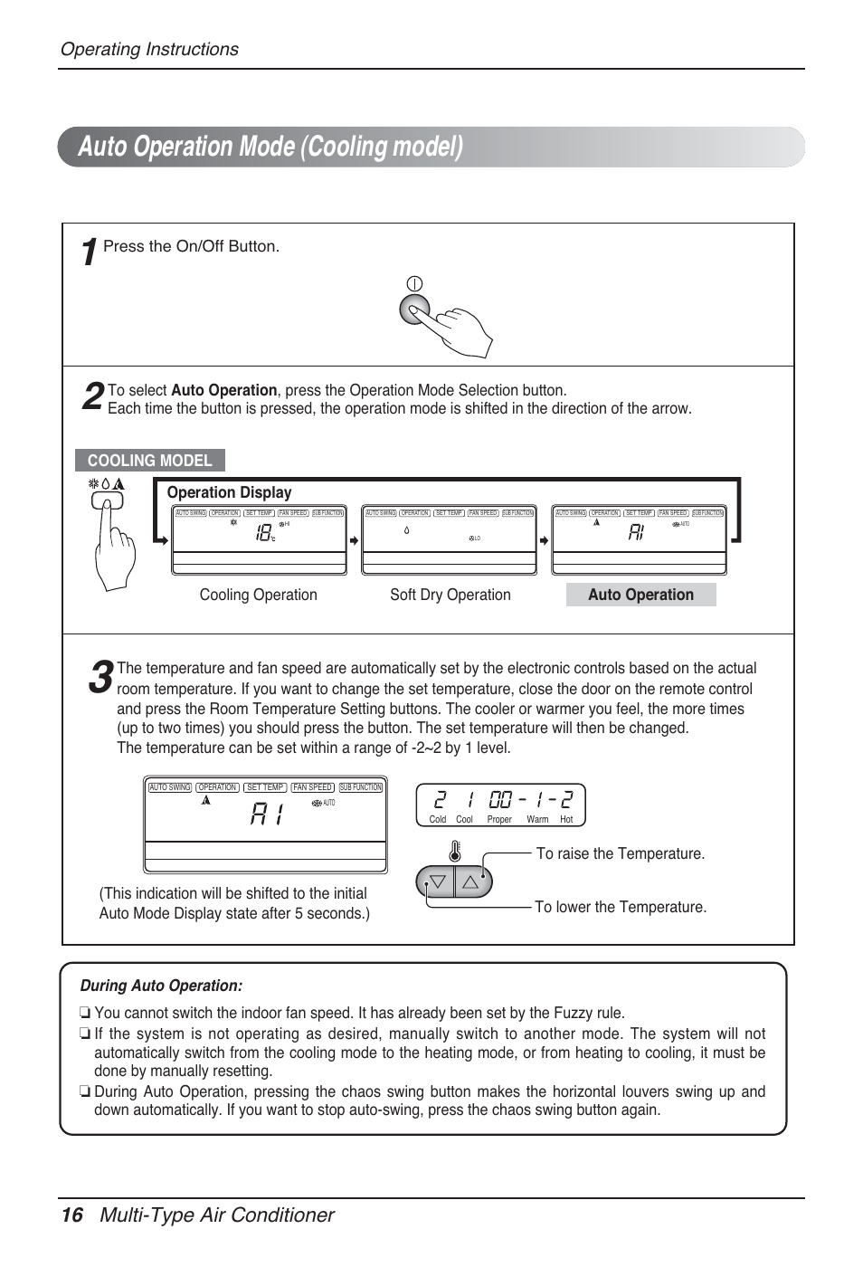 Auto operation mode (cooling model), 16 multi-type air conditioner, Operating instructions | Press the on/off button | LG MT12AH User Manual | Page 16 / 480