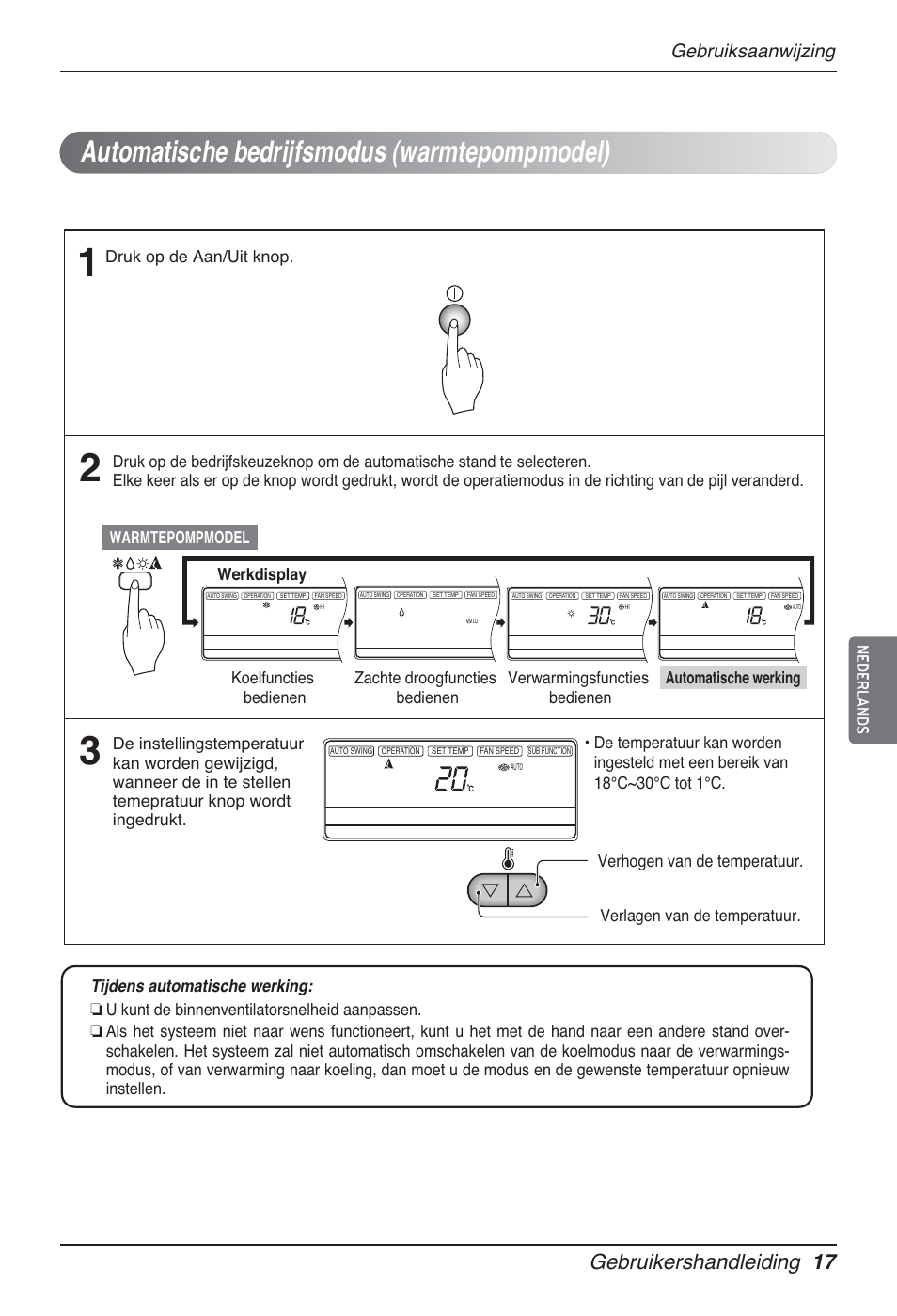 Automatische bedrijfsmodus (warmtepompmodel), Gebruikershandleiding 17, Gebruiksaanwijzing | Nederlands, Druk op de aan/uit knop | LG MT12AH User Manual | Page 161 / 480