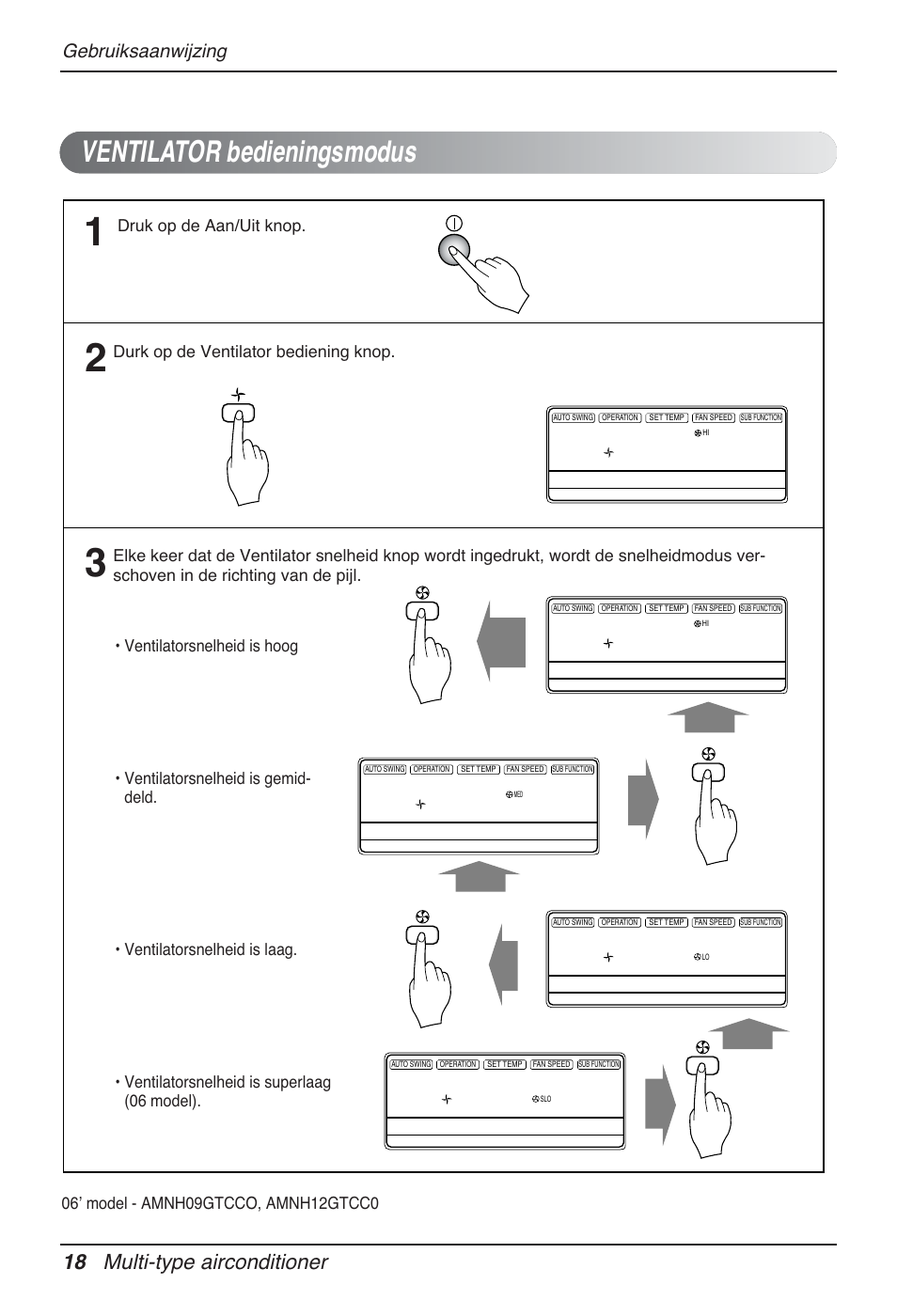 Ventilator bedieningsmodus, 18 multi-type airconditioner, Gebruiksaanwijzing | Druk op de aan/uit knop | LG MT12AH User Manual | Page 162 / 480