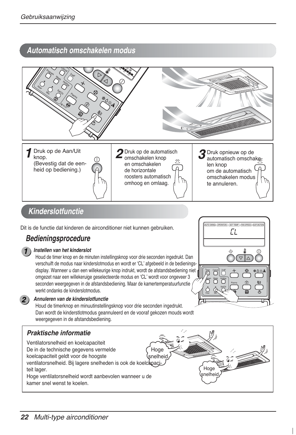 Kinderslotfunctie, Bedieningsprocedure, Automatisch omschakelen modus | 22 multi-type airconditioner, Praktische informatie, Gebruiksaanwijzing, Hoge snelheid | LG MT12AH User Manual | Page 166 / 480