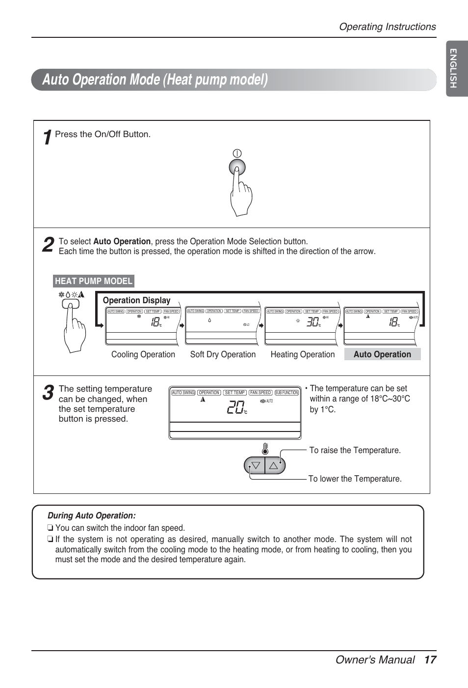 Auto operation mode (heat pump model), Owner's manual 17, Operating instructions | English, Press the on/off button | LG MT12AH User Manual | Page 17 / 480