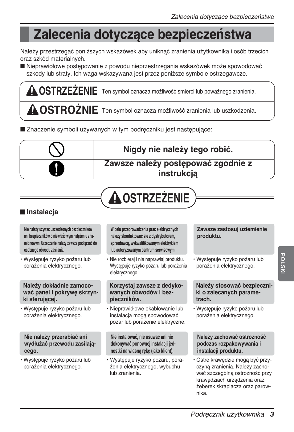 Zalecenia dotyczące bezpieczeństwa, Ostrzeżenie, Ostrzeżenie ostrożnie | LG MT12AH User Manual | Page 175 / 480