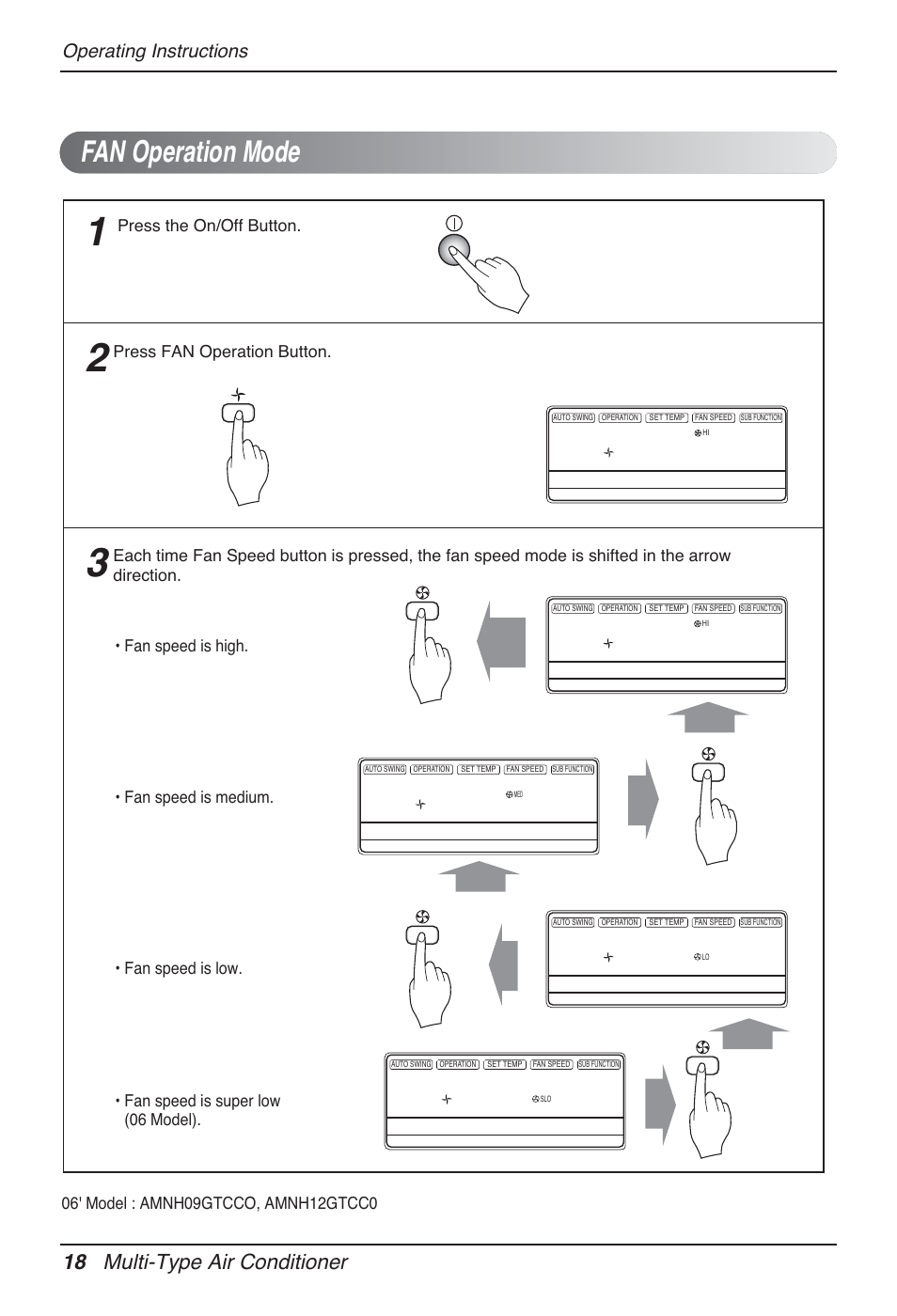 Fan operation mode, 18 multi-type air conditioner, Operating instructions | Press the on/off button | LG MT12AH User Manual | Page 18 / 480