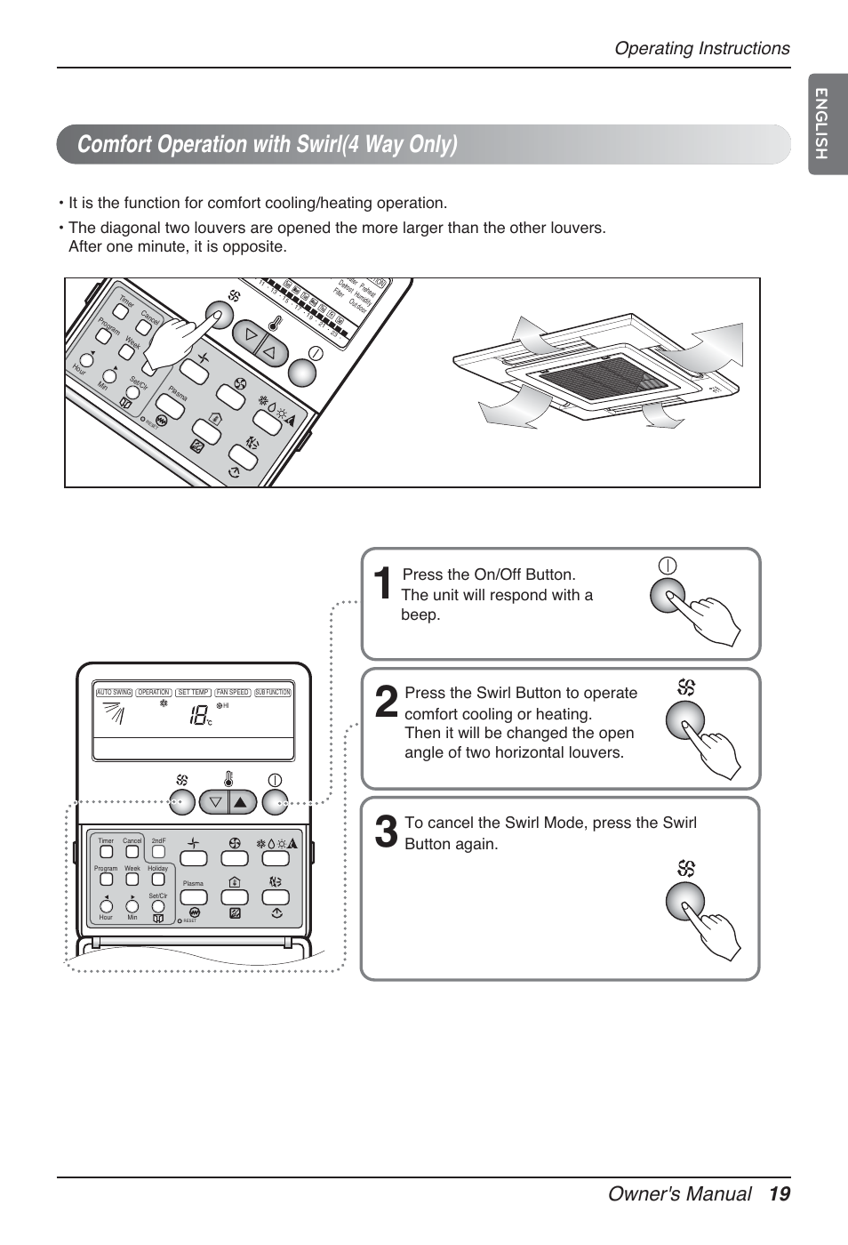 Comfort operation with swirl(4 way only), Owner's manual 19, Operating instructions | English | LG MT12AH User Manual | Page 19 / 480