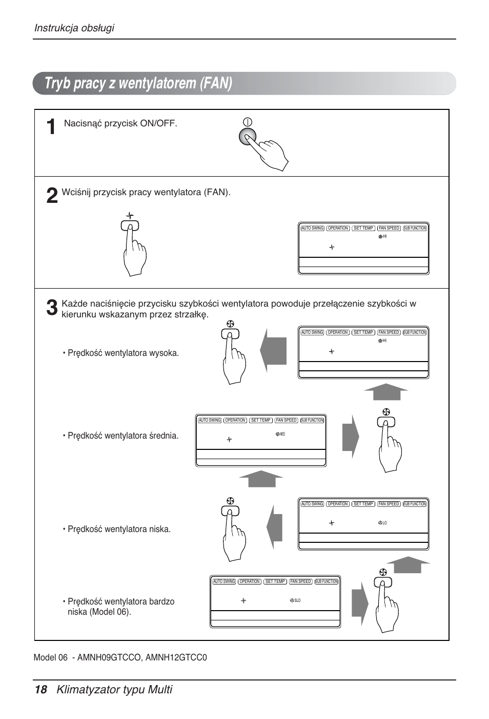 Tryb pracy z wentylatorem (fan), 18 klimatyzator typu multi, Instrukcja obsługi | Nacisnąć przycisk on/off | LG MT12AH User Manual | Page 190 / 480