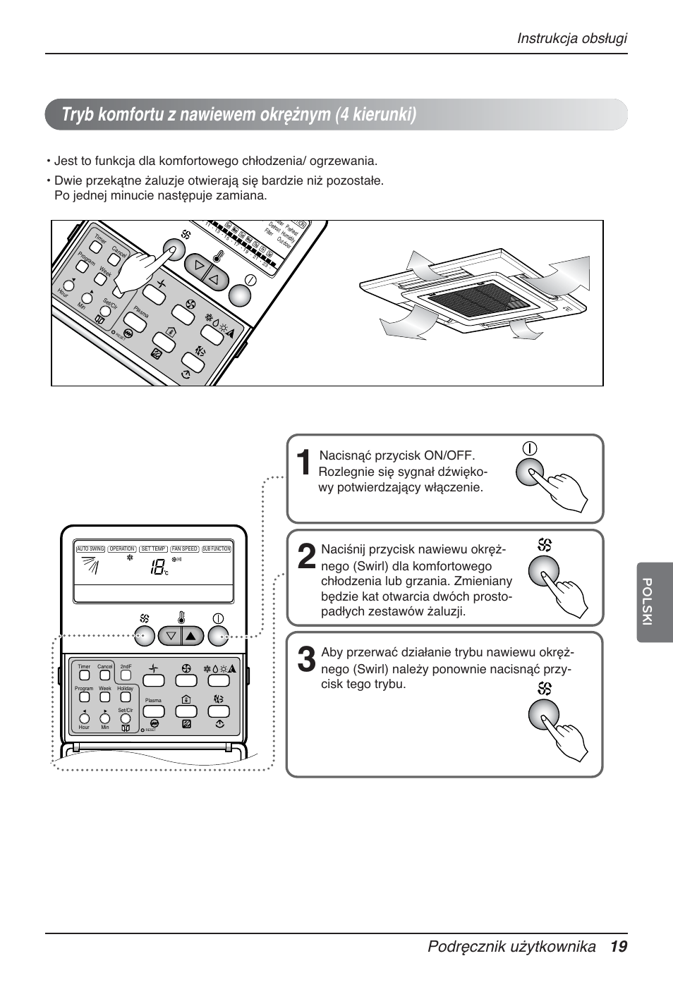 Tryb komfortu z nawiewem okrężnym (4 kierunki), Podręcznik użytkownika 19, Instrukcja obsługi | Polski | LG MT12AH User Manual | Page 191 / 480