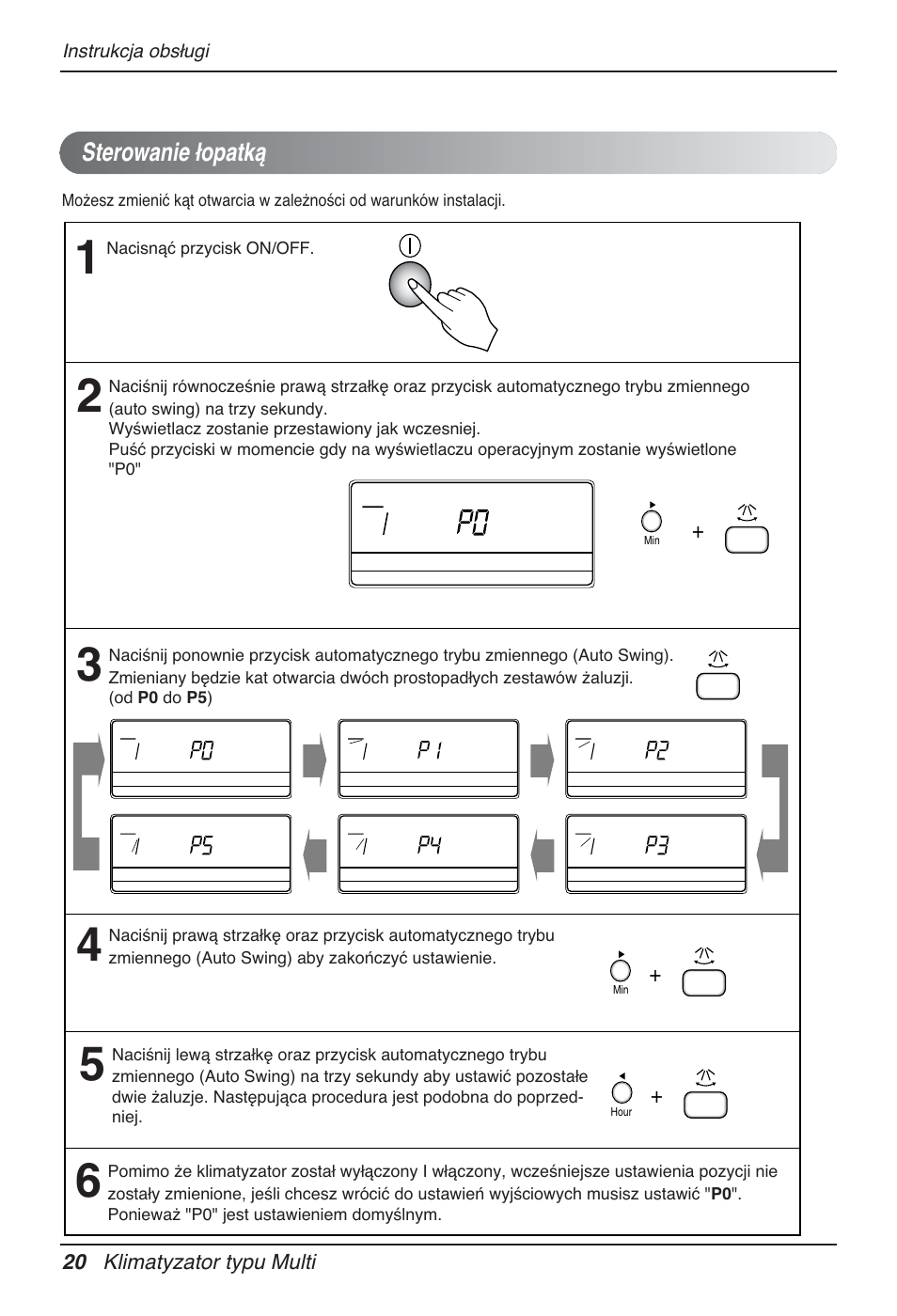 Sterowanie łopatką, 20 klimatyzator typu multi, Instrukcja obsługi | Nacisnąć przycisk on/off, Hour | LG MT12AH User Manual | Page 192 / 480