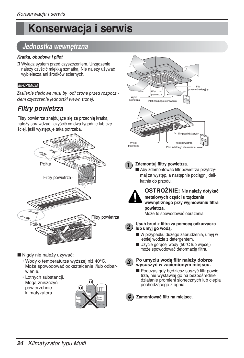 Jednostka wewnętrzna, Filtry powietrza, 24 klimatyzator typu multi | Ostrożnie, Konserwacja i serwis | LG MT12AH User Manual | Page 196 / 480