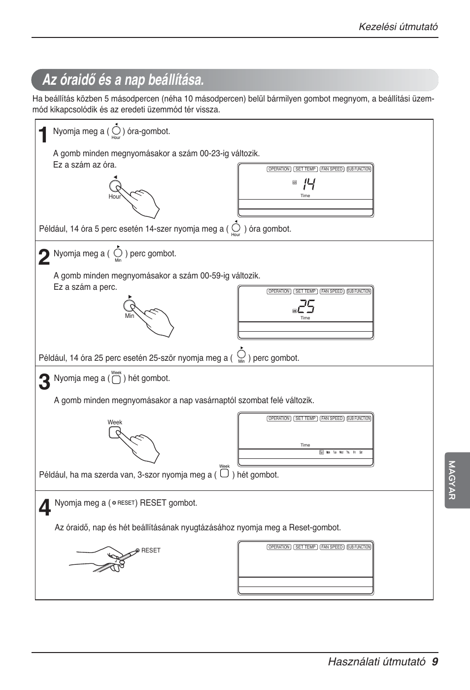 Az óraidő és a nap beállítása, Használati útmutató 9, Kezelési útmutató | Magyar | LG MT12AH User Manual | Page 209 / 480