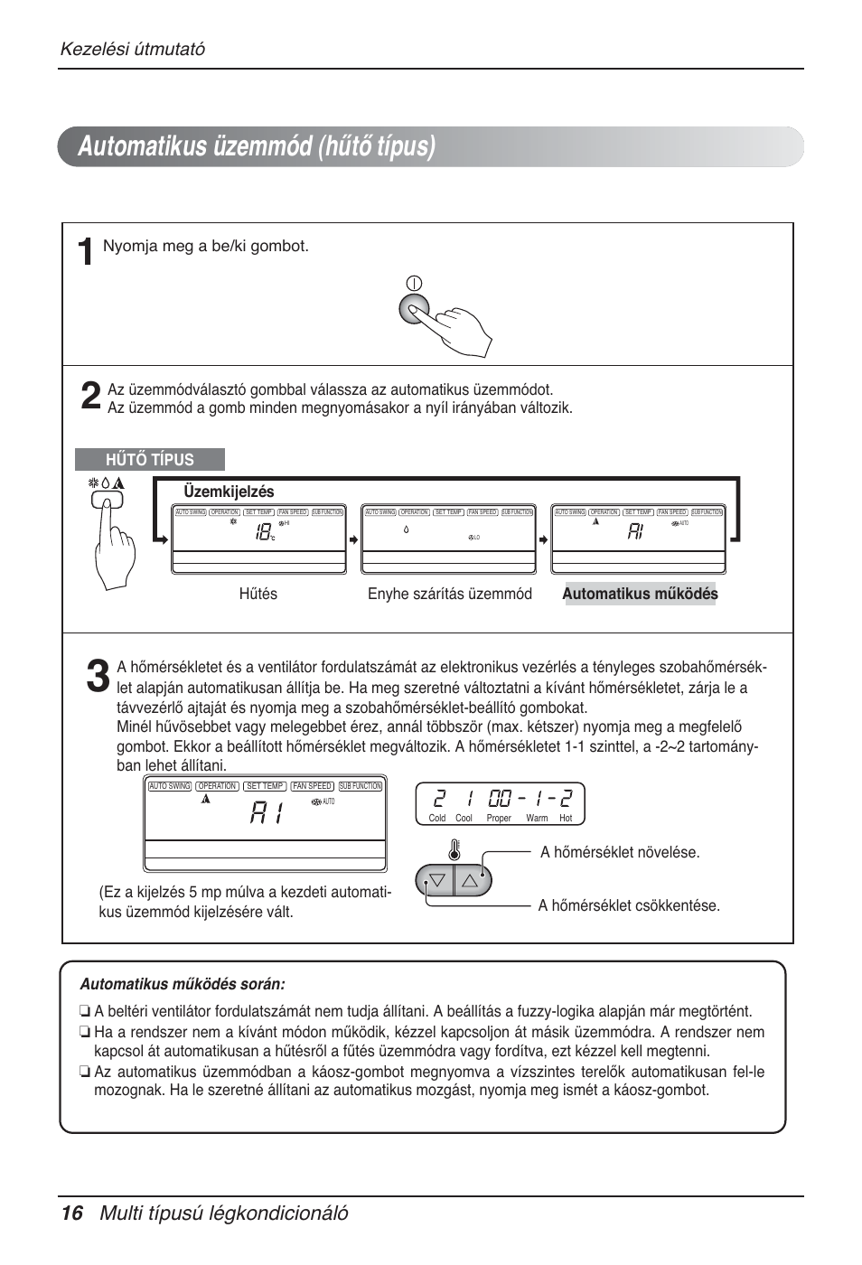 Automatikus üzemmód (hűtő típus), 16 multi típusú légkondicionáló, Kezelési útmutató | Nyomja meg a be/ki gombot | LG MT12AH User Manual | Page 216 / 480