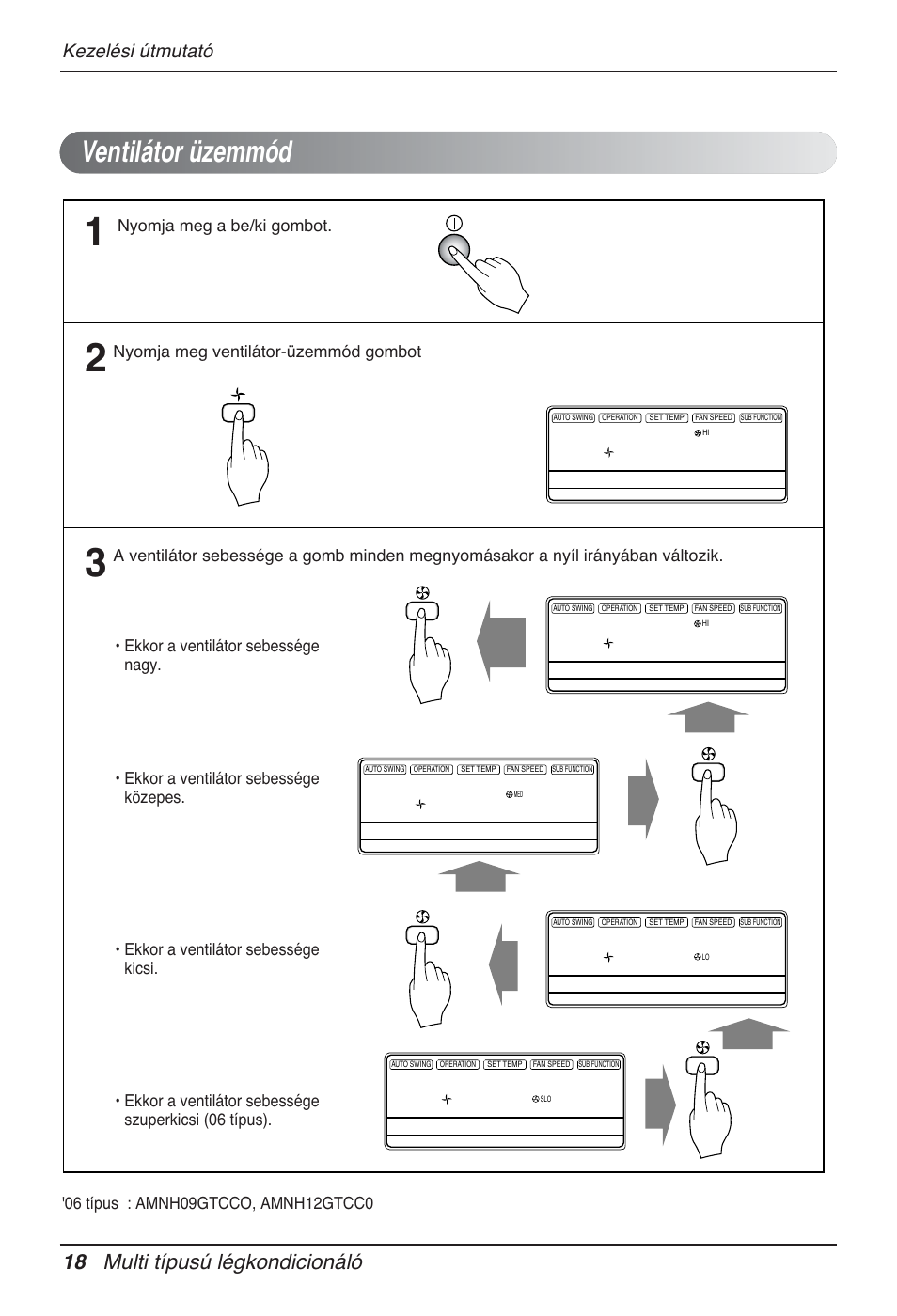 Ventilátor üzemmód, 18 multi típusú légkondicionáló, Kezelési útmutató | Nyomja meg a be/ki gombot | LG MT12AH User Manual | Page 218 / 480