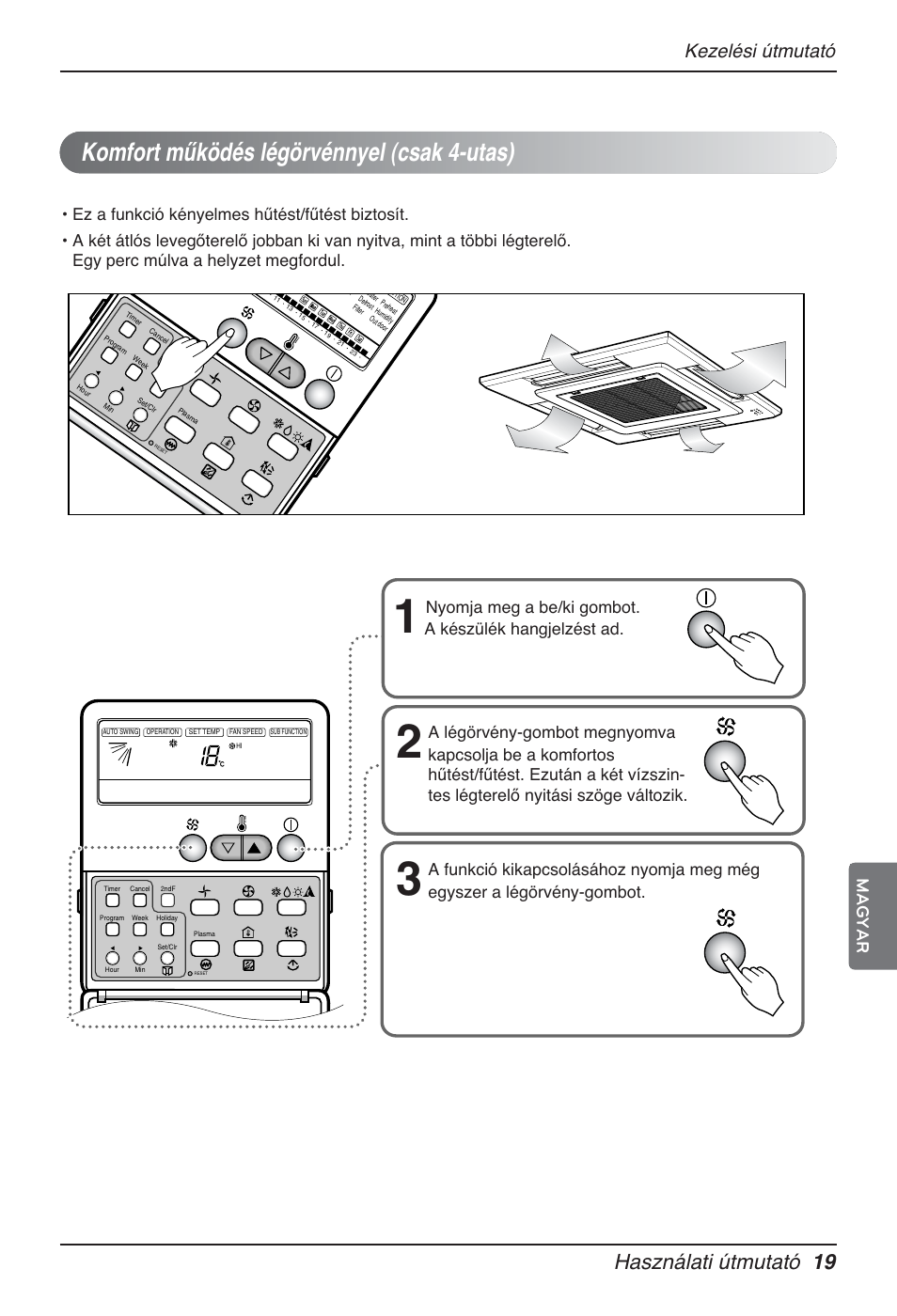 Komfort működés légörvénnyel (csak 4-utas), Használati útmutató 19, Kezelési útmutató | Magyar | LG MT12AH User Manual | Page 219 / 480