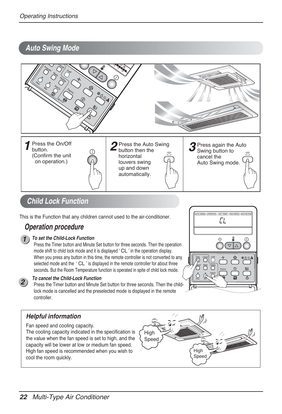 Child lock function, Operation procedure, Auto swing mode | 22 multi-type air conditioner, Helpful information, Operating instructions, High speed | LG MT12AH User Manual | Page 22 / 480