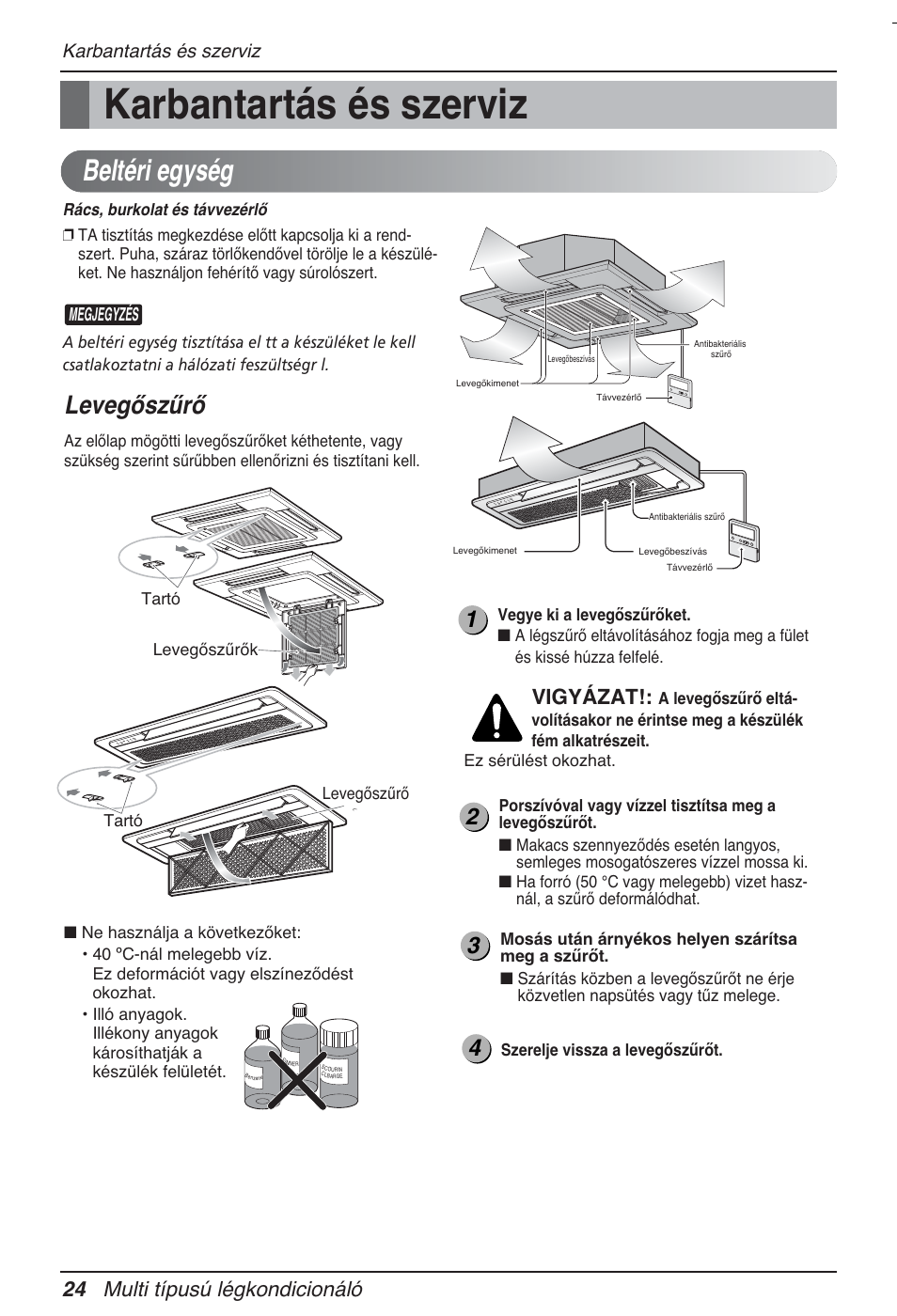 Beltéri egység, Levegőszűrő, 24 multi típusú légkondicionáló | Vigyázat, Karbantartás és szerviz | LG MT12AH User Manual | Page 224 / 480