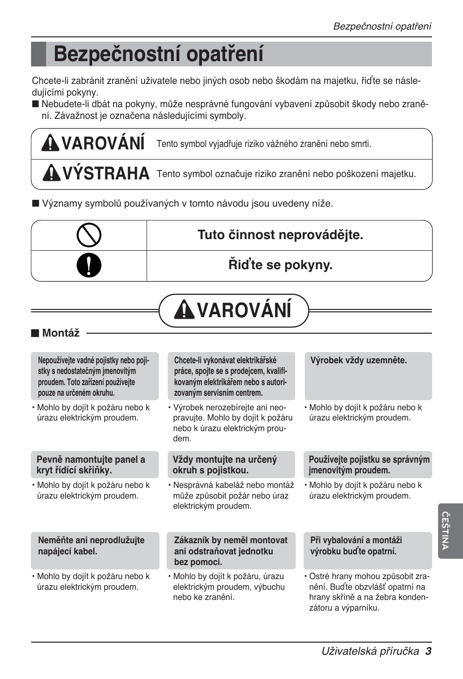 Bezpečnostní opatření, Varování, Varování výstraha | Tuto činnost neprovádějte. řiďte se pokyny | LG MT12AH User Manual | Page 231 / 480