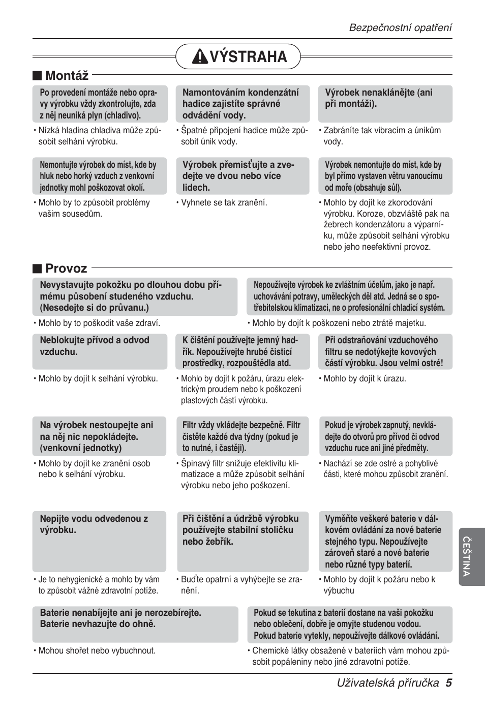 Výstraha, N montáž, N provoz | Uživatelská příručka 5 | LG MT12AH User Manual | Page 233 / 480