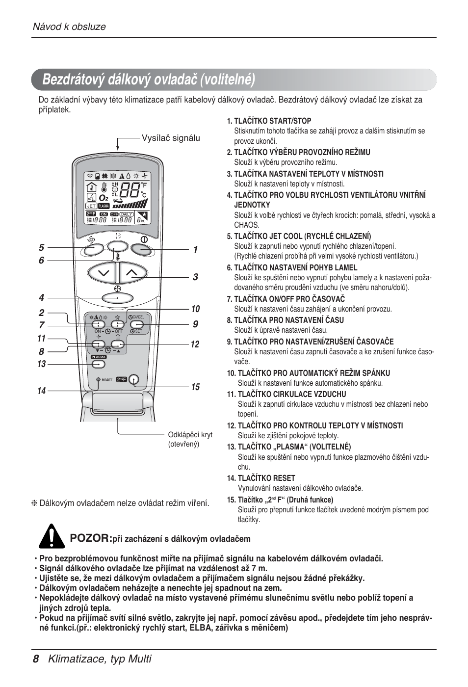 Bezdrátový dálkový ovladač (volitelné), 8 klimatizace, typ multi, Pozor | LG MT12AH User Manual | Page 236 / 480