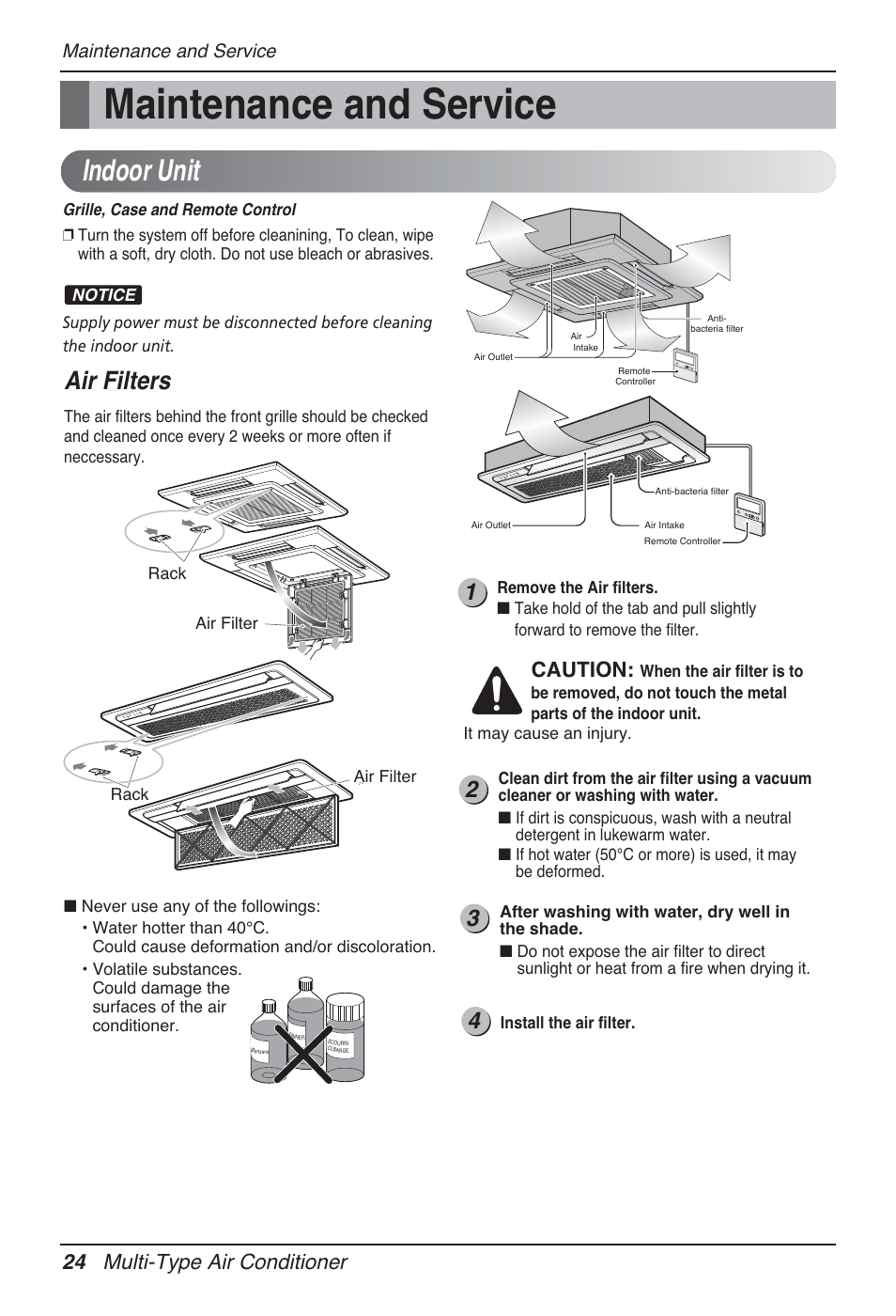 Indoor unit, Air filters, 24 multi-type air conditioner | Caution, Maintenance and service | LG MT12AH User Manual | Page 24 / 480