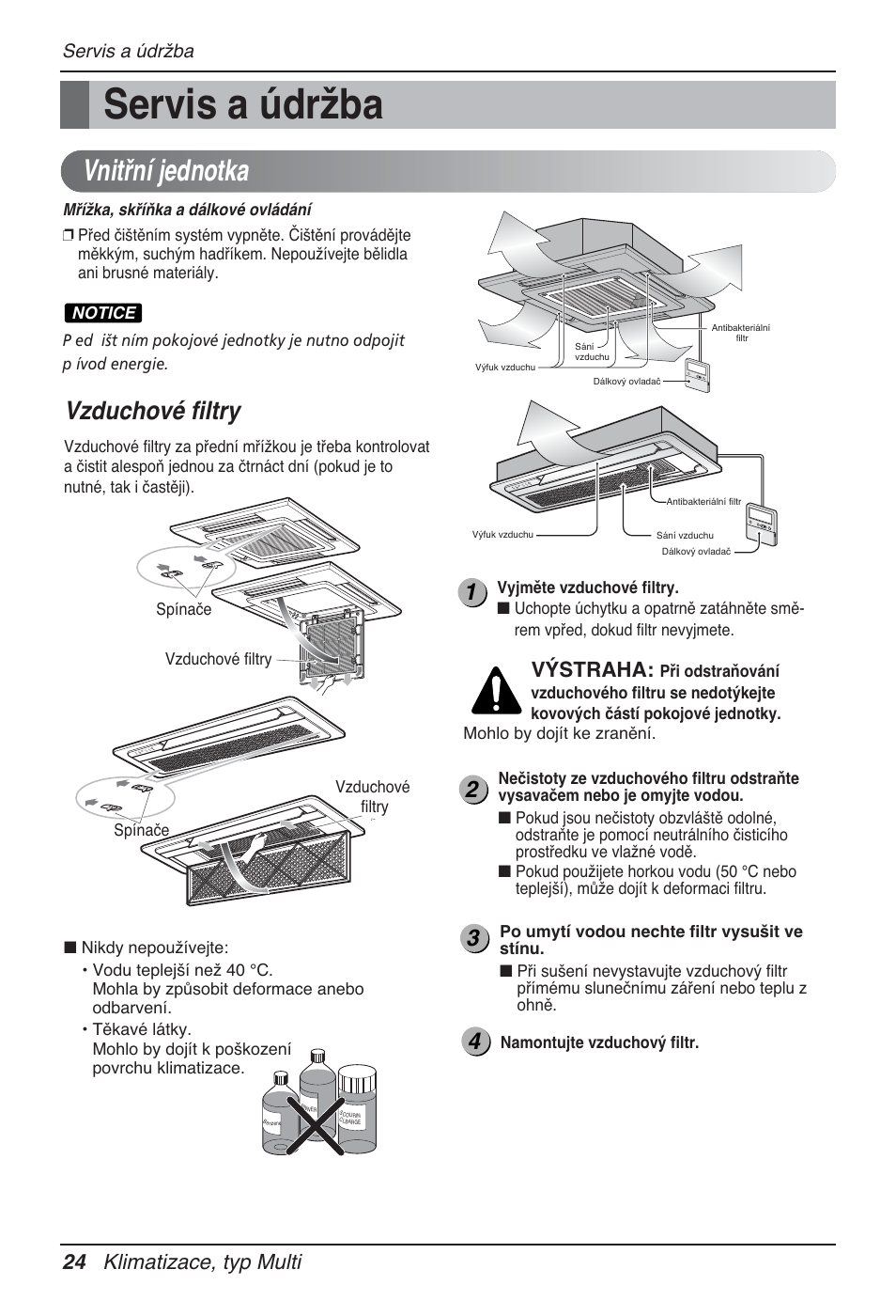 Vnitřní jednotka, Vzduchové filtry, 24 klimatizace, typ multi | Výstraha, Servis a údržba | LG MT12AH User Manual | Page 252 / 480