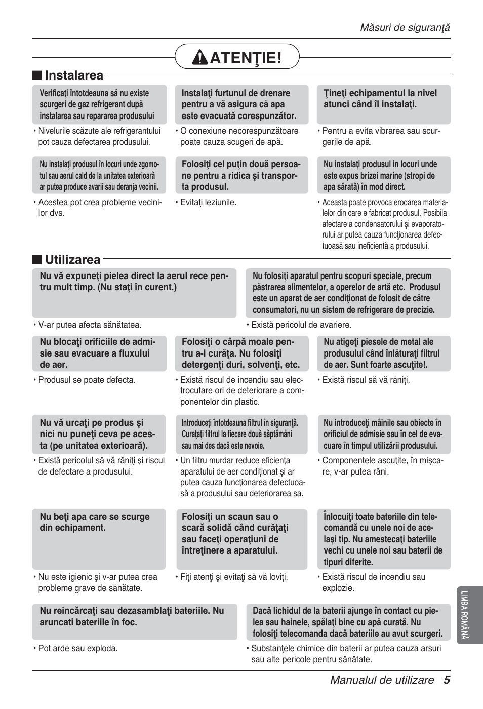 Atenţie, N instalarea, N utilizarea | Manualul de utilizare 5 | LG MT12AH User Manual | Page 261 / 480