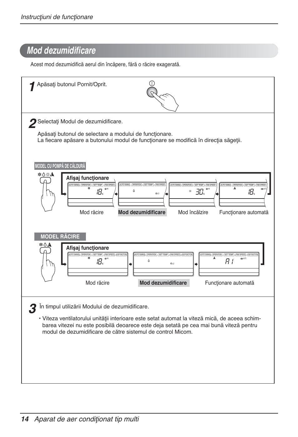 Mod dezumidificare, 14 aparat de aer condiţionat tip multi, Instrucţiuni de funcţionare | Afişaj funcţionare | LG MT12AH User Manual | Page 270 / 480