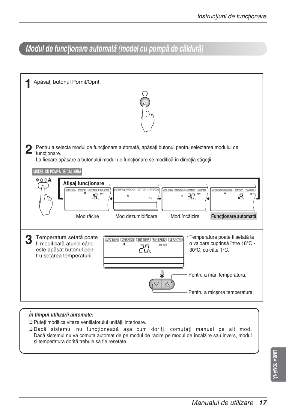 Manualul de utilizare 17, Instrucţiuni de funcţionare, Limba română | Apăsaţi butonul pornit/oprit | LG MT12AH User Manual | Page 273 / 480