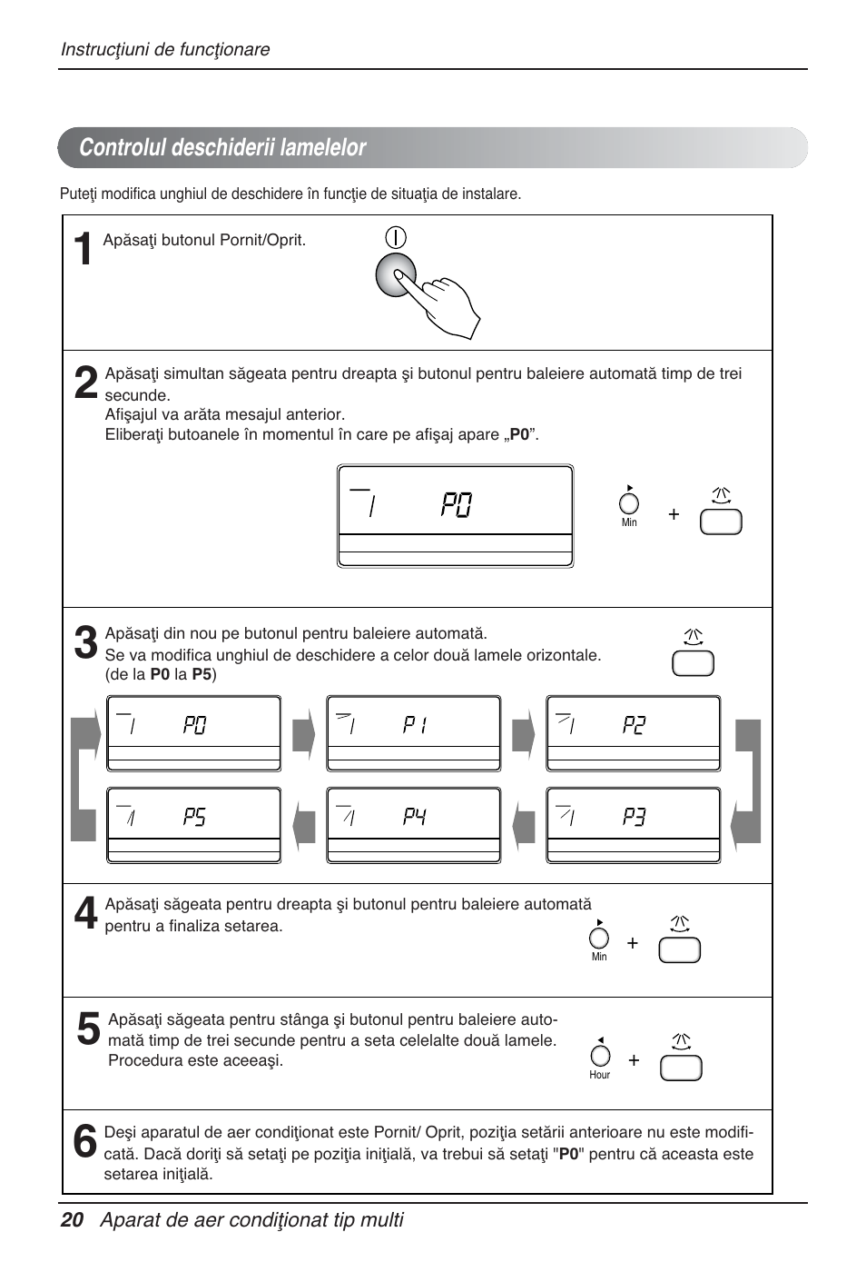 Controlul deschiderii lamelelor, 20 aparat de aer condiţionat tip multi, Instrucţiuni de funcţionare | Apăsaţi butonul pornit/oprit, Hour | LG MT12AH User Manual | Page 276 / 480