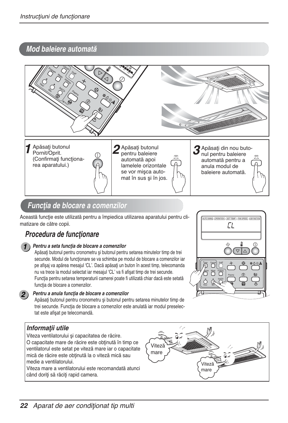 Funcţia de blocare a comenzilor, Procedura de funcţionare, Mod baleiere automată | 22 aparat de aer condiţionat tip multi, Informaţii utile, Instrucţiuni de funcţionare, Viteză mare | LG MT12AH User Manual | Page 278 / 480