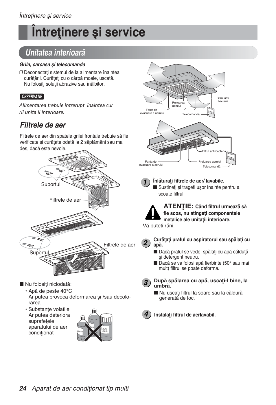 Unitatea interioară, Filtrele de aer, 24 aparat de aer condiţionat tip multi | Atenţie, Întreţinere şi service | LG MT12AH User Manual | Page 280 / 480