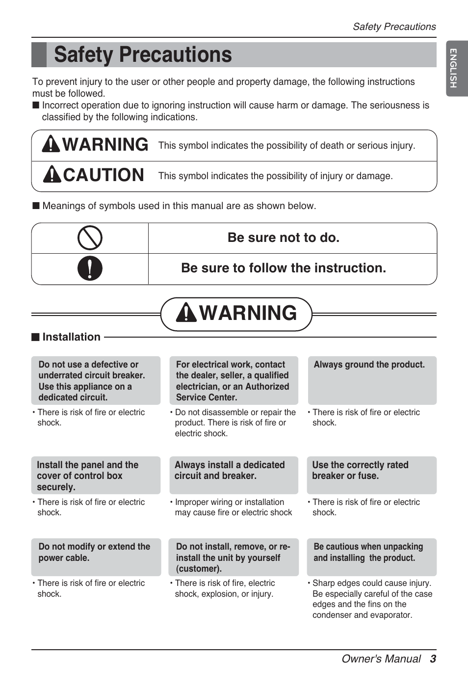 Safety precautions, Warning, Warning caution | LG MT12AH User Manual | Page 3 / 480