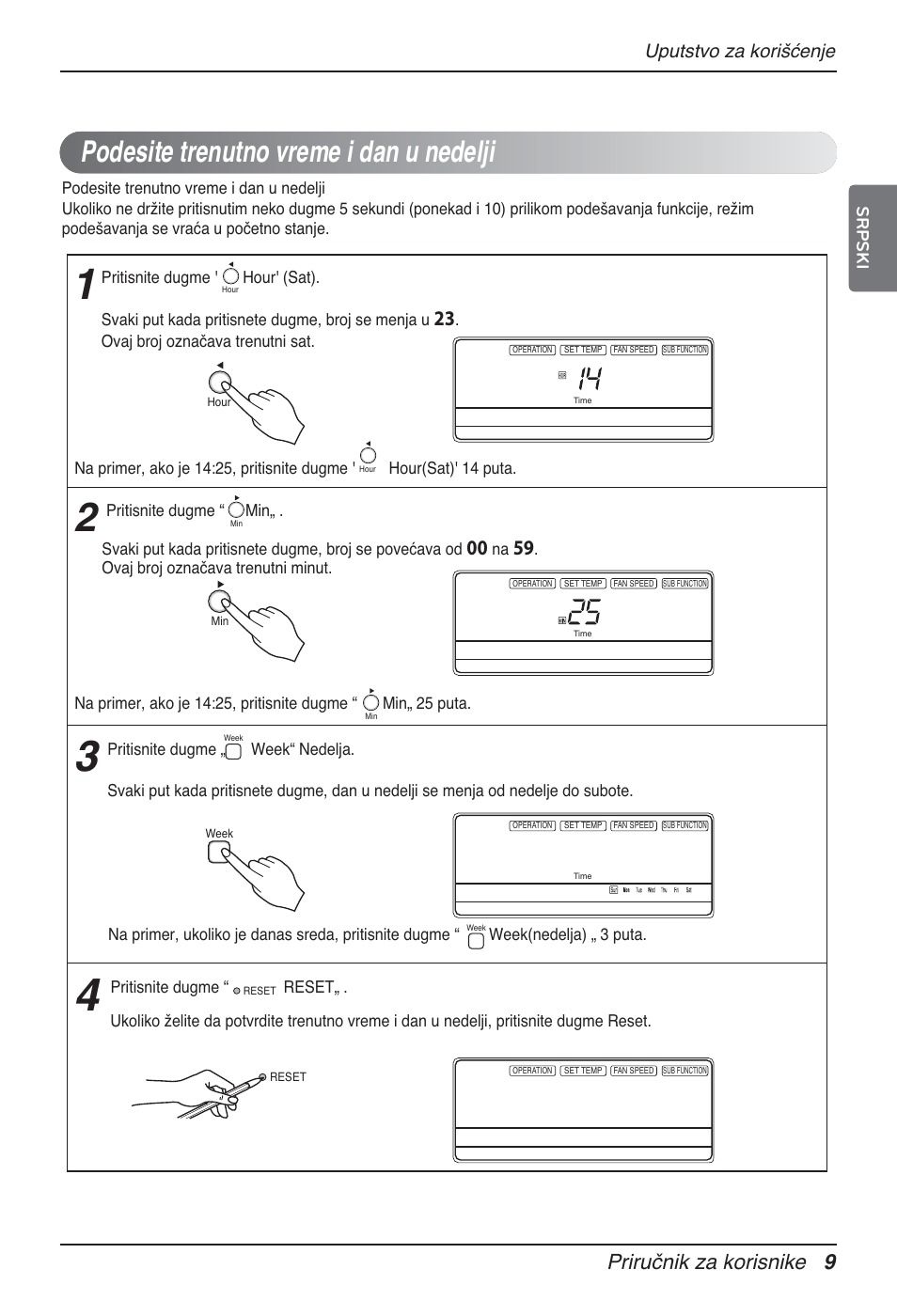 Podesite trenutno vreme i dan u nedelji, Priručnik za korisnike 9, Uputstvo za korišćenje | Srpski | LG MT12AH User Manual | Page 321 / 480