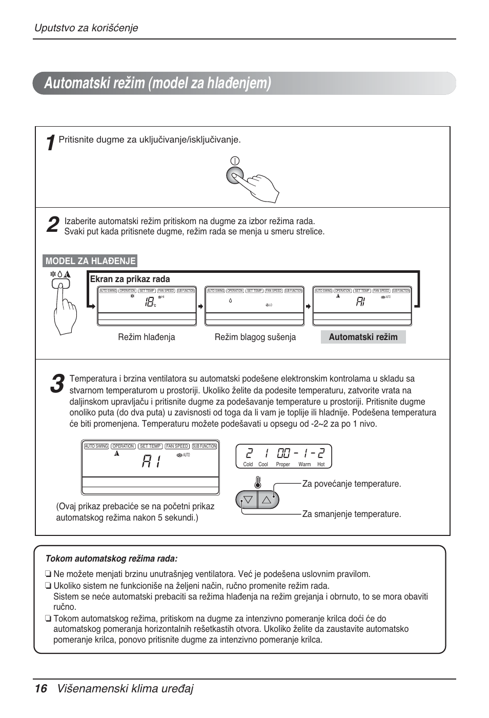 Automatski režim (model za hlađenjem), 16 višenamenski klima uređaj, Uputstvo za korišćenje | Pritisnite dugme za uključivanje/isključivanje | LG MT12AH User Manual | Page 328 / 480