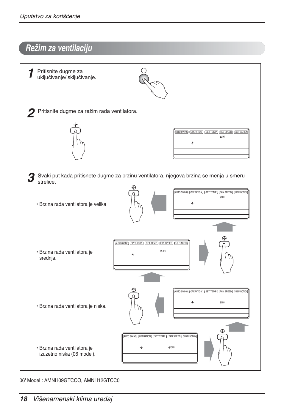 Režim za ventilaciju, 18 višenamenski klima uređaj, Uputstvo za korišćenje | Pritisnite dugme za uključivanje/isključivanje | LG MT12AH User Manual | Page 330 / 480