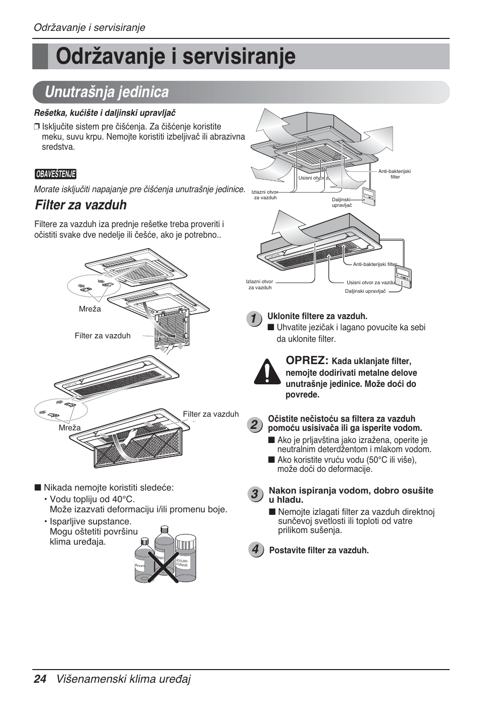 Unutrašnja jedinica, Filter za vazduh, 24 višenamenski klima uređaj | Oprez, Održavanje i servisiranje | LG MT12AH User Manual | Page 336 / 480