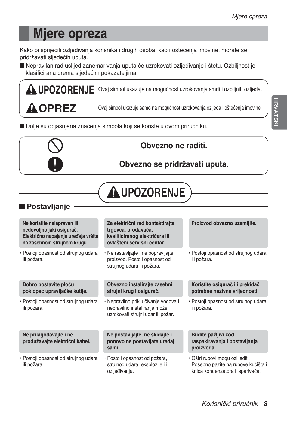 Mjere opreza, Upozorenje, Upozorenje oprez | Obvezno ne raditi. obvezno se pridržavati uputa, N postavljanje | LG MT12AH User Manual | Page 343 / 480