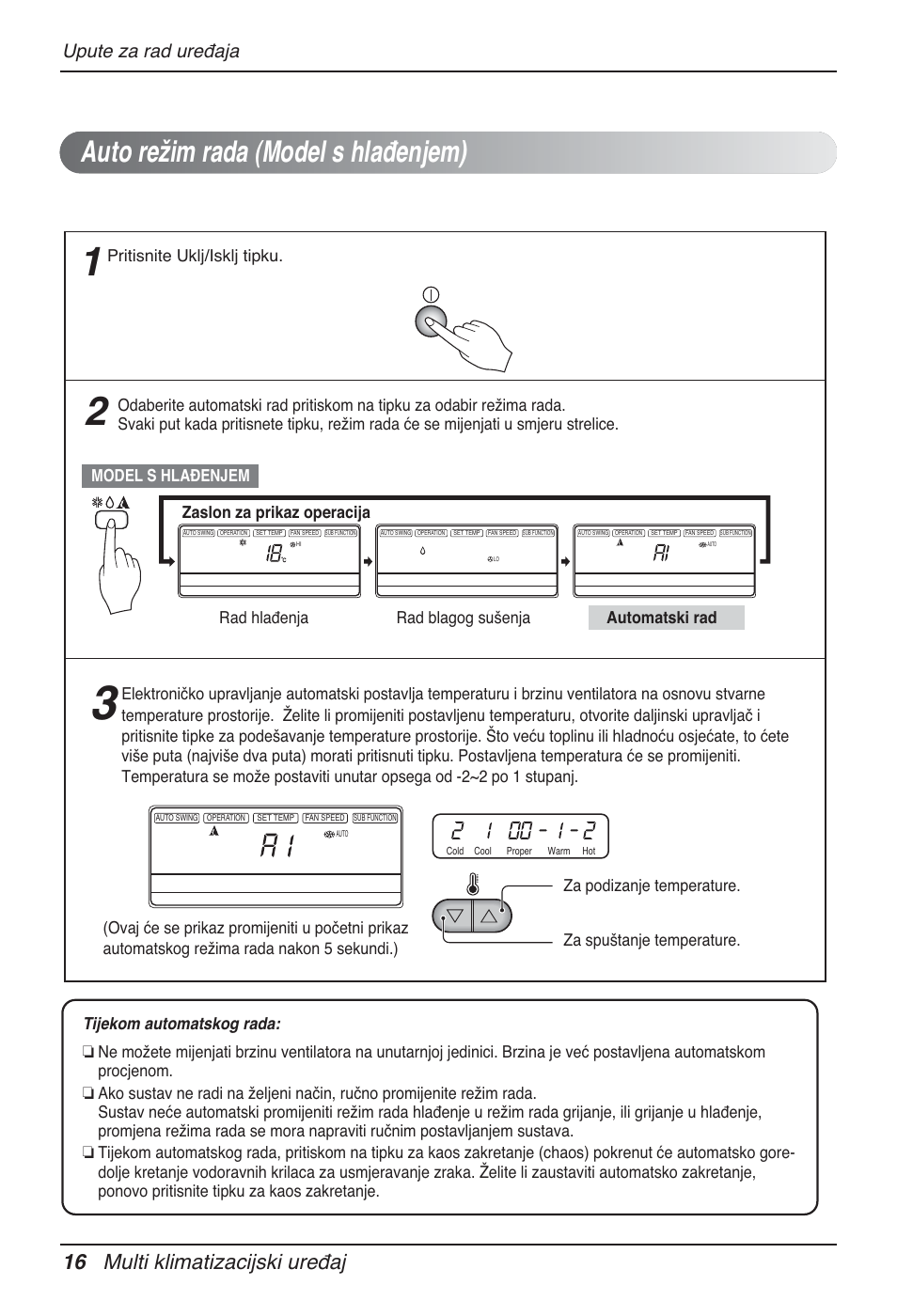 Auto režim rada (model s hlađenjem), 16 multi klimatizacijski uređaj, Upute za rad uređaja | Pritisnite uklj/isklj tipku | LG MT12AH User Manual | Page 356 / 480