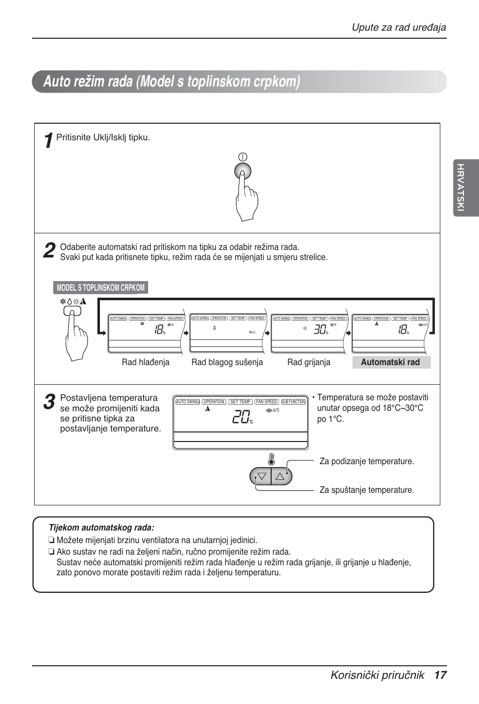 Auto režim rada (model s toplinskom crpkom), Korisnički priručnik 17, Upute za rad uređaja | Hrvatski, Heat pump model, Pritisnite uklj/isklj tipku | LG MT12AH User Manual | Page 357 / 480