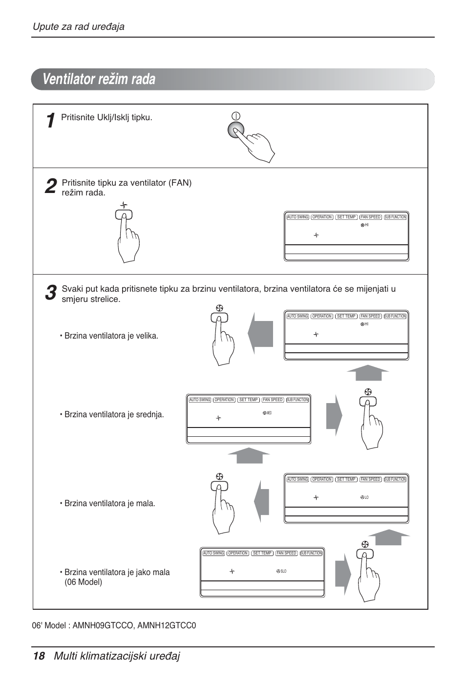 Ventilator režim rada, 18 multi klimatizacijski uređaj, Upute za rad uređaja | Pritisnite uklj/isklj tipku | LG MT12AH User Manual | Page 358 / 480