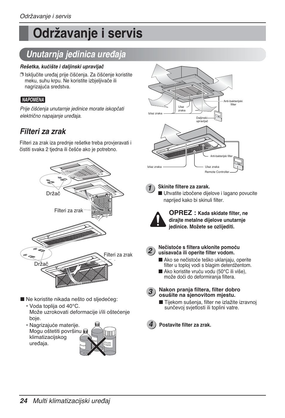 Unutarnja jedinica uređaja, Filteri za zrak, 24 multi klimatizacijski uređaj | Oprez, Održavanje i servis | LG MT12AH User Manual | Page 364 / 480